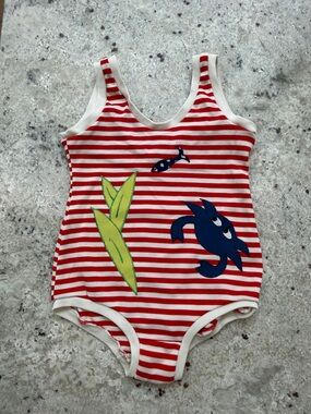 Rare Vintage 1960s Girls Swimsuit Red Striped Sea Creatures One Piece Size 6